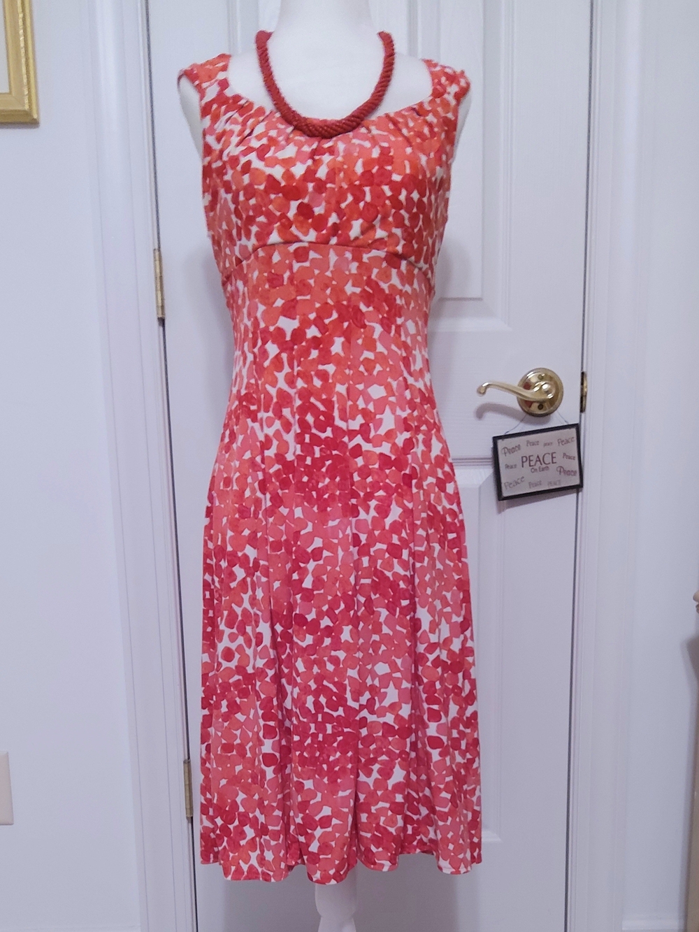 Women’s Coral Red Printed Sleeveless Midi Dress
